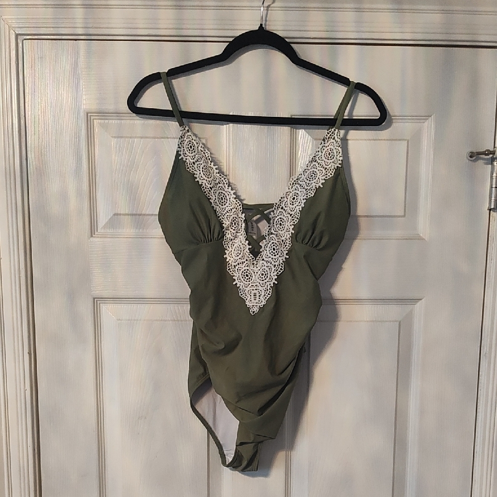 Amazon Olive Green One-Piece Swimsuit with White Lace Trim